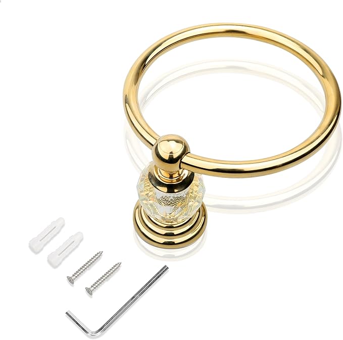 Crystal Gold Towel Ring, Gold Bathroom Towel Holder Ring, Golden Towel Rack Hanger Home Hand Towel Ring Towel Holder for Bathroom Wall Mounted Bathroom Accessory