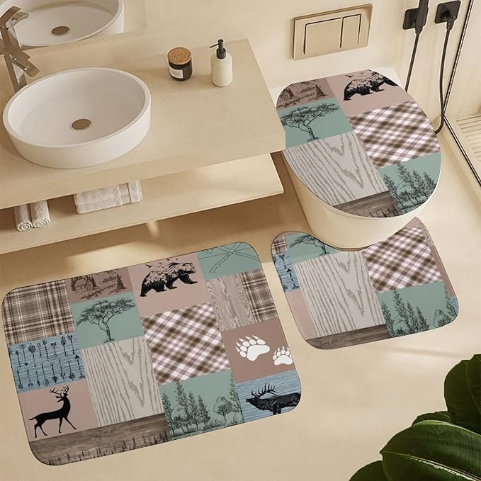 Rustic Cabin Lodge Bear Shower Curtain Sets with Rugs 4 Piece Accessories Bathroom Curtains Shower Set Include Shower Curtain Non-Slip Rug Toilet Lid Cover Bath Mat One Size