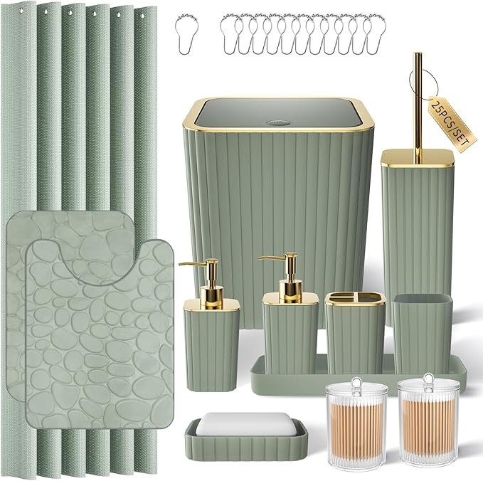 XLHOMO Bathroom Accessories Set - 25PC Sage Green Bathroom Set, Bathroom Set with Shower Curtain and Rugs, Sage Green Shower Curtain Set, Bathroom Accessory Set, Trash Can & Soap Dispenser