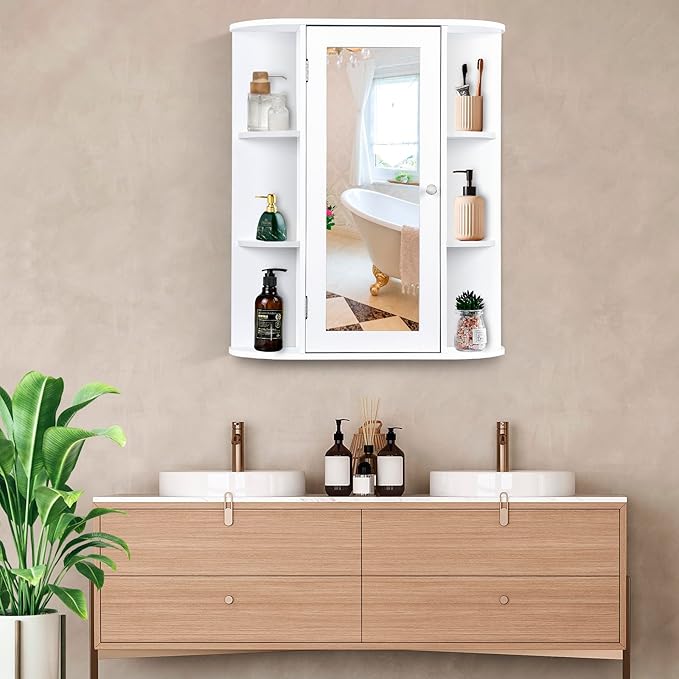 SUPER DEAL Bathroom Mirror Medicine Cabinet with Storage, Wall Mount Cabinet with Mirror Door, Inner Adjustable Shelves, 6 Open Shelves, White