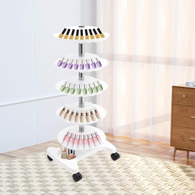 Nail Polish Trolley Display Stand, 5 Tiers Freestanding Nail Polish Spinning Rack with Wheels for Nail Salons, Home, Hold up 120 bottles, White