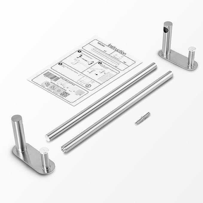 24 Inch Adhesive Towel Bar - Stainless Steel Stick on Towel Rack for Bathroom, No Drilling Towel Holder with 2 Hooks, Brushed Nickel