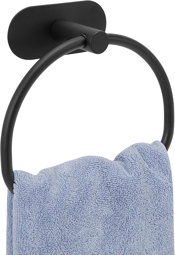Livabber Towel Ring for Bathroom, 304 Stainless Steel Hand Towel Holder, Heavy Duty Towel Hanger for Bath, Kitchen, Hotel (4″ Self-Adhesive Base, Black)