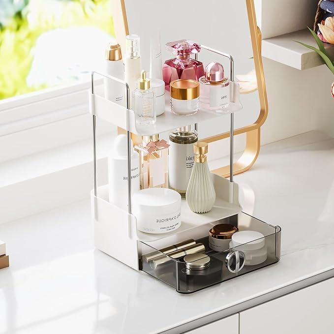 Small Makeup Vanity Organizer with Drawer, 2-Tier Bathroom Countertop Organizer with Metal Support, 7.8"x5.9" Compact Perfume Organizer for Dresser, Skincare & Lotion Storage, White