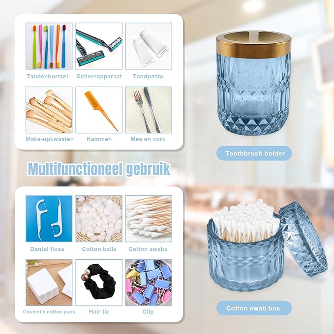 5Pcs Blue Bathroom Accessories Set, Glass Bathroom Accessories, Vintage Bathroom Countertop Decoration Includes Soap Dispenser, Toothbrush Holder, Qtip Holder,Soap Dish and Rinsing Cup