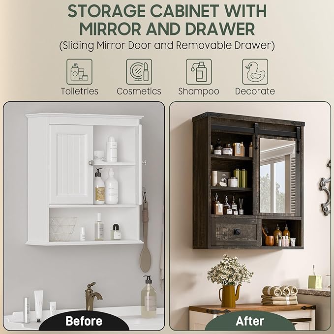 Bathroom Wall Cabinet, Farmhouse Medicine Cabinet with Sliding Mirror Door and Adjustable Shelves, Over The Toilet Space Saver Storage Cabinet with Towels Bar, Wall Mounted Cupboard