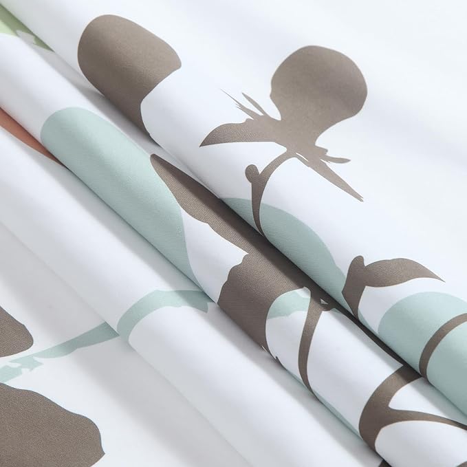 Modern Botanical Shower Curtain 72x78 Inches Long, Waterproof White Fabric with Brown & Green Branch Silhouette Print, 12 Metal Grommets & Weighted Hem