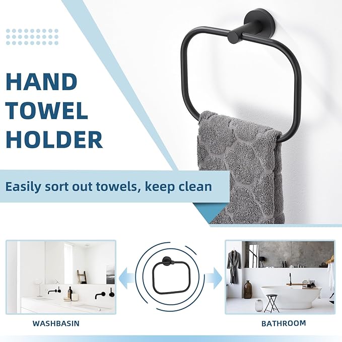 APLusee Matte Black Hand Towel Ring, Stainless Steel Towel Storage Holder, Wall Mount