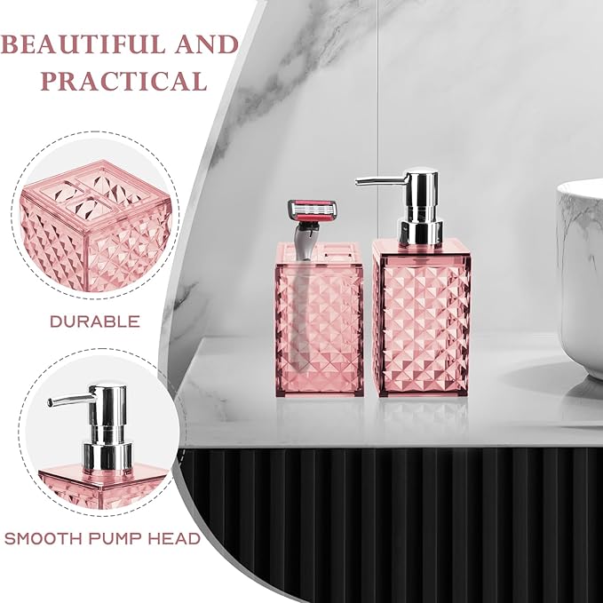 Bathroom Accessories Set 2 PCS, Pink Bathroom Accessories Include Soap Dispenser and Toothbrush Holder, Diamond Pattern Bathroom Set for Boho Bathroom Decor