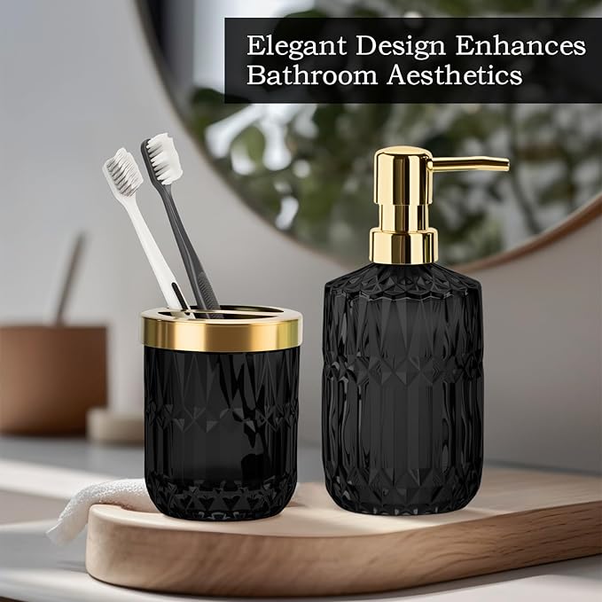 Glass Bathroom Accessories Set, 2PCS Glass Bathroom Accessory, Toothbrush Holder and Soap Dispenser Set for Modern Bathroom Decor(Black Gold)
