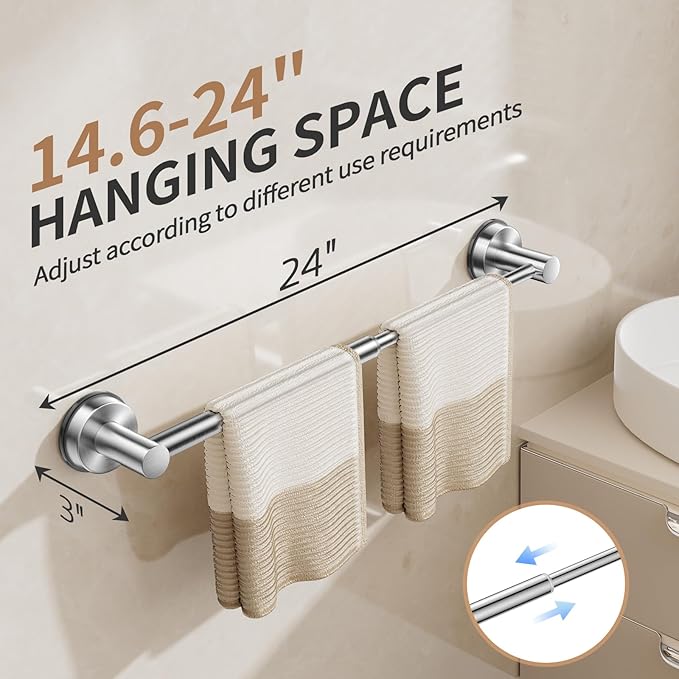 Adjustable Suction Cup Towel Bar for Bathroom Wall,14.6Inch~24 Inch Towel Racks for Bathroom, SUS304 Stainless Steel Bathroom Towel Holder,Bathroom Accessories Brushed Nickel Towel Rack (2pcs Silver)