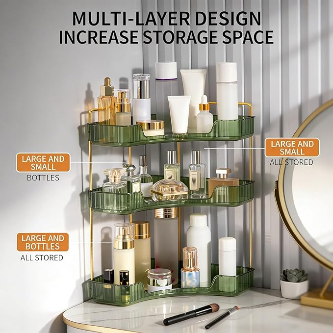 Multi-Tier Corner Countertop Organizer Rack, Makeup Organizers for Vanity, Practical Shelf for Toiletries and Accessories, Corner Counter Storage for Bathroom Dresser (White-2Tier)