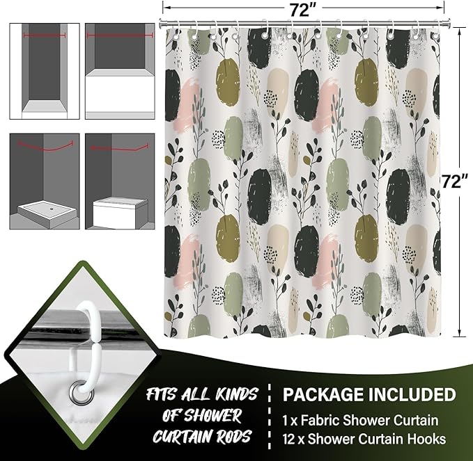 Sage Green Boho Shower Curtains for Bathroom,Pretty Botanical Shower Curtain,Funny Waterproof Polyester Boho Bathroom Decor,72x72 Inch