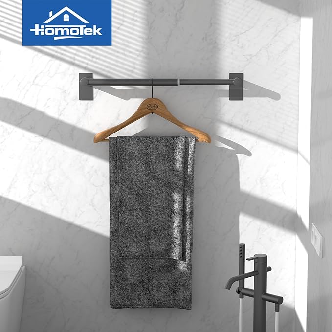 Adhesive Adjustable Towel Bar, Self Stick Bathroom Towel Holders, HOMOTEK Bathroom Rod Size from 14 Inch to 24.5 Inch Single Hanger for Kitchen(Thickened 1 Pack Matte Black)