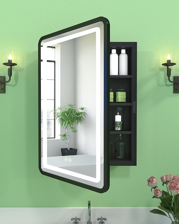 20x30 Inch LED Lighted Medicine Cabinet Mirror, Bathroom Mirror with Lights and Storage Wall Mounted & Recessed with Anti-Fog, Dimmable 3 Color Light with Memory, 3 Shelves & 1 Organizer Box, Black