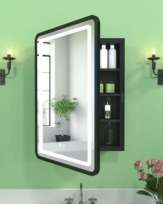 20x30 Inch LED Lighted Medicine Cabinet Mirror, Bathroom Mirror with Lights and Storage Wall Mounted & Recessed with Anti-Fog, Dimmable 3 Color Light with Memory, 3 Shelves & 1 Organizer Box, Black