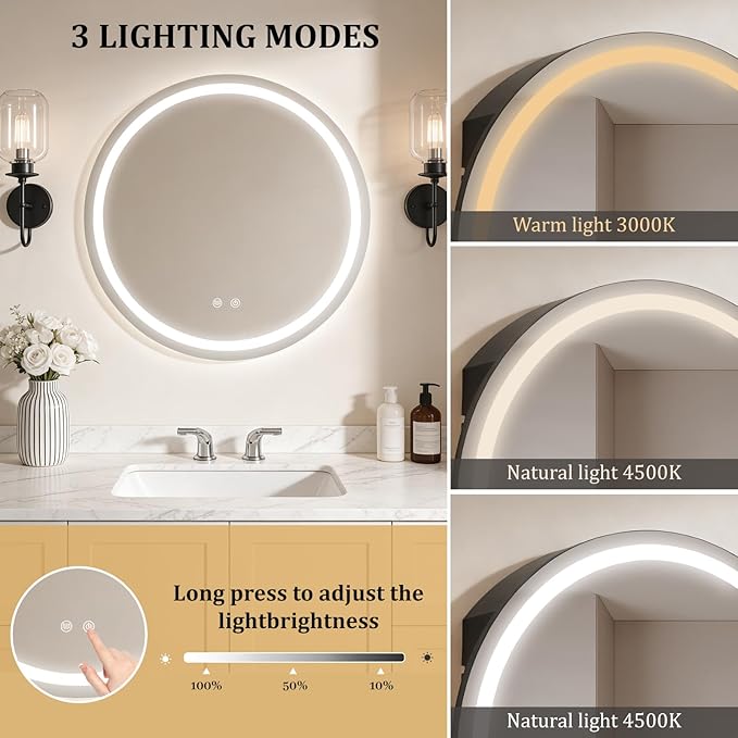 WallBeyond 24 in Round LED Medicine Cabinet with Mirror, Black Bathroom Cabinet with Storage, 3 Color Stepless Dimmable Lights, Anti-Fog, Memory Function, Hardwired, Surface Mount
