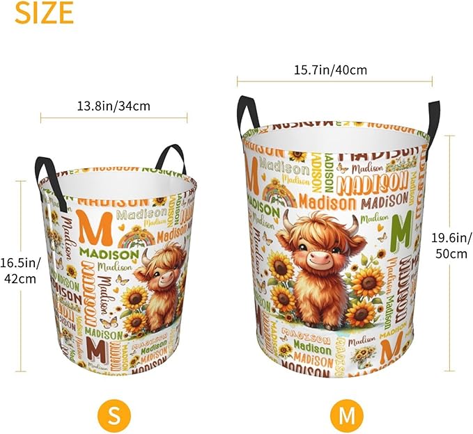 Personalized Highland Cattle Laundry Basket For Baby Kids Girls Adult Custom Hamper Basket With Name For Bathroom Bedrooms Collapsible Baby Laundry Basket, Dirty Clothes Hamper With Handles