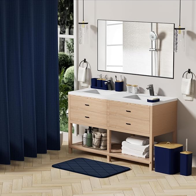 Bathroom Accessory Set - 25PC Bathroom Sets with Shower Curtain and Rugs, Navy Blue Bathroom Set, Bathroom Accessories Set, Shower Curtain Sets with Rugs, Bathroom Trash Can & Soap Dispenser