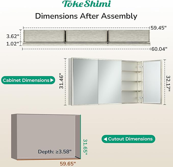 TokeShimi 60 x 32 Brushed Nickel Recessed Medicine Cabinet with Mirror, Assembly Required, Bathroom Medicine Cabinet with Mirror, Stepless Adjustable Shelves, Beveled Aluminum Frame, DTC Hinge