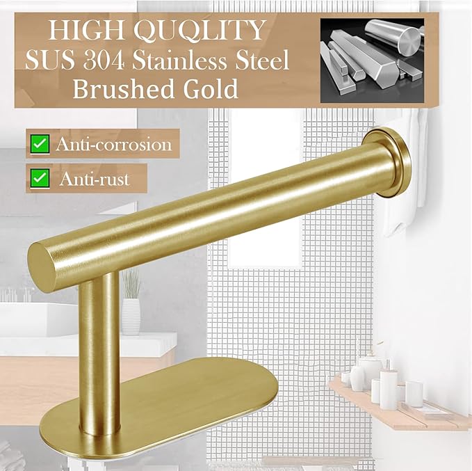 JOPOFI Toilet Paper Holder - Self Adhesive Toilet Paper Holder Wall Mount for Bathroom, SUS 304 Stainless Steel Command Strip Toilet Paper Roll Holder Stick On Wall, No Drilling - Brushed Gold
