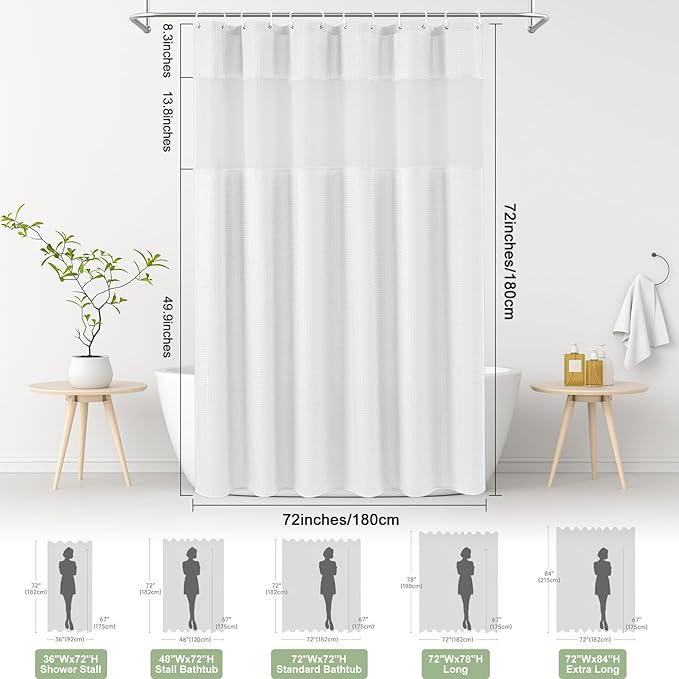 UFRIDAY White Waffle Weave Small Stall Shower Curtain Liner 36x72 inch,Hotel Style Bath Curtain with Mesh Top Window, Heavy Duty Thick Fabric Shower Curtain for Bathroom,Washable Water Resistant