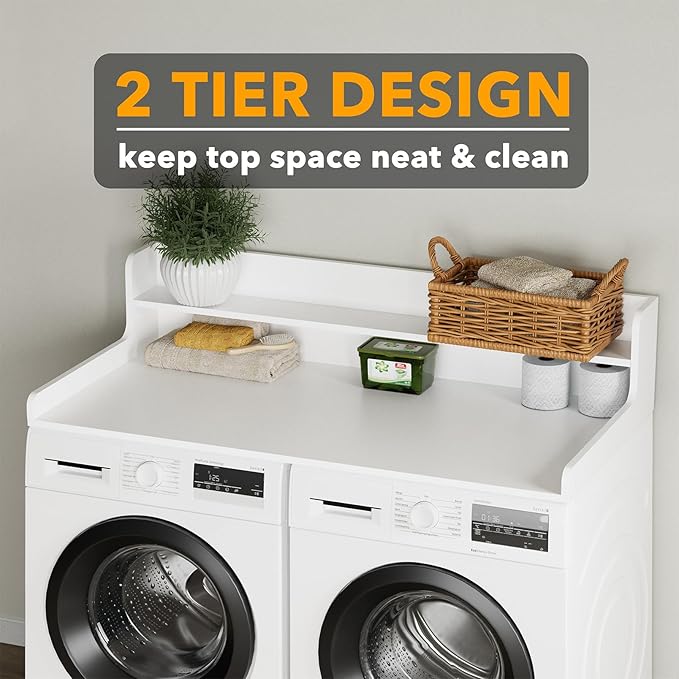 SpaceAid Washer Dryer Countertop with 2-Tier Shelf, Wood Topper with Edge, 54" Width x 27.5" Depth Cover Organizer Guard for Washer and Dryer Counter Laundry Hamper Storage (White)