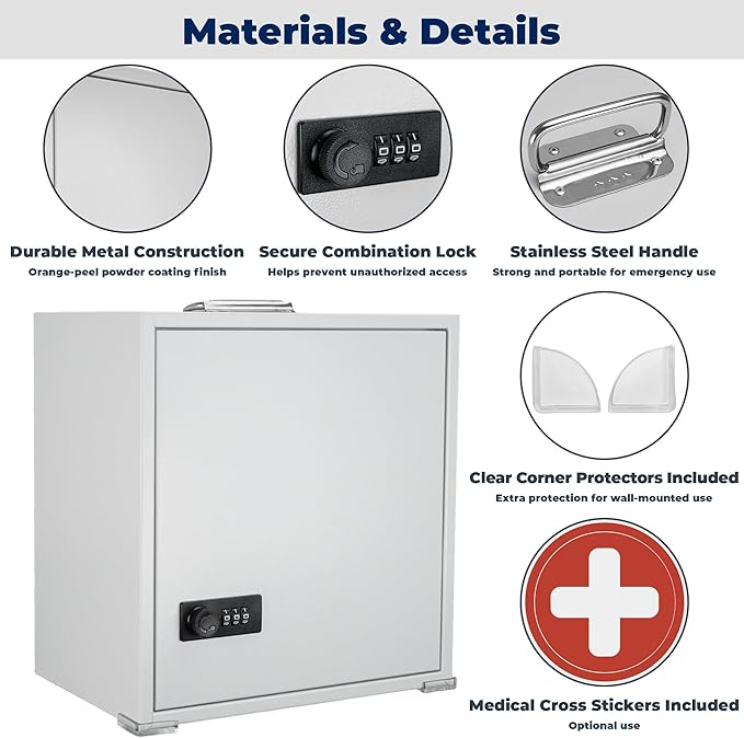 Metal Medicine Cabinet with Combination Lock, Wall Mounted Freestanding Locking Medicine Box, Secure Medication Storage for Home Office Clinic School