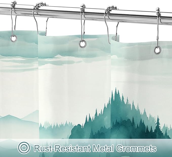 Teal Blue Small Stall Misty Pine Forest Shower Curtain 36 x 72, Mountain Foggy Woodland Scenery Tree Narrow Half Size Shower Curtains for Bathroom, Turquoise Waterproof Nature-Themed Decor