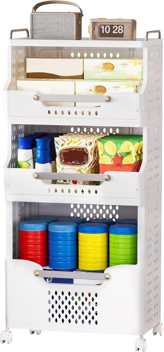 Laundry Basket with Wheels,Folding Laundry Hamper,utility cart,Kitchen storage Cart,Stackable Laundry Basket Holder,Rolling Dirty Clothes Hamper,Plastic laundry room organization (3 Large-Tier)
