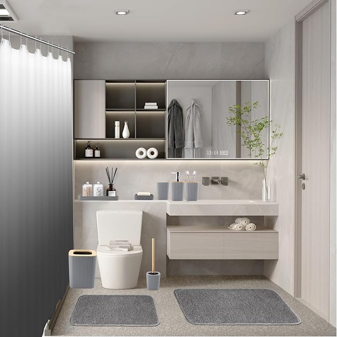 XLHOMO Bathroom Accessory Set–Bathroom Set with Shower Curtain and Rugs, No Slip Bathroom Rugs Super Absorbent, Grey Ombre Waterproof Shower Curtain with Hooks, Gray Bathroom Sets Complete for Home