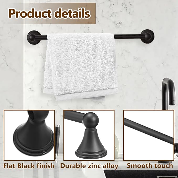 18-Inch Wall Mounted Towel Bar, Flat Black Towel Rack, Bathroom Towel Holder for Hand Towels, Modern Bathroom Towel Bar