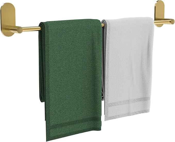 Self Adhesive Towel Bar for Bathroom 24ich Stainless Steel and Zinc Alloy No Drill Towel Rack Heavy Duty Hanger Stick On Hand Towel Holder for Kitchen, Cabinet, Door, Shower, Brushed Gold