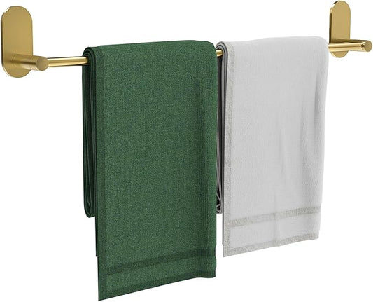 Self Adhesive Towel Bar for Bathroom 24ich Stainless Steel and Zinc Alloy No Drill Towel Rack Heavy Duty Hanger Stick On Hand Towel Holder for Kitchen, Cabinet, Door, Shower, Brushed Gold