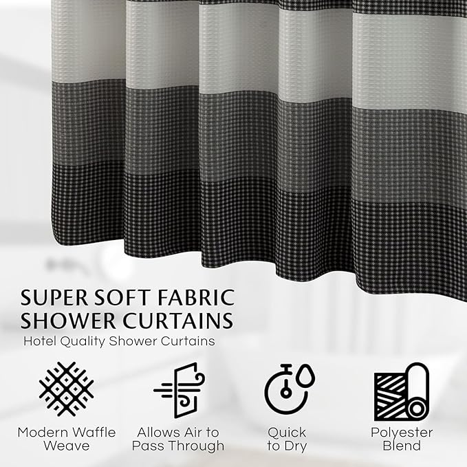 Dainty Home Ombre Waffle Weave Shower Curtain 70 x 72 Black Textured Fabric Shower Curtain, Hotel Style Waffle Weave Bathroom Curtain, Water Resistant Polyester Ombre Shower Curtain