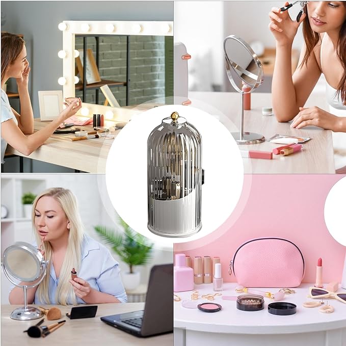 Multi-function Rotating Bird Cage Toiletries Storage Rack ?€? Storage Box, Makeup Holder | Covered Transparent Brush Organizer, 360 Rotating Design for Vanity Tables, Desktops, Bathroom Countertops