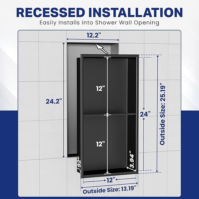 Stainless Steel Shower Niche No Tile Needed 24"x12" Inner Size (25.19"x13.19" Outside Size) Matte Black - Niche for Shower Wall - Bathroom Niches - Includes Corner Shelves Razor Holders and Wall Hooks