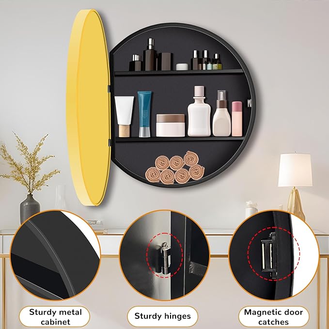 24 in Round Gold Medicine Cabinet with Mirror,Modern Bathroom Medicine Cabinet for Wall Metal Framed, Surface Mount Only Circular Storage Cabinet Shatterproof with Vanity Mirror