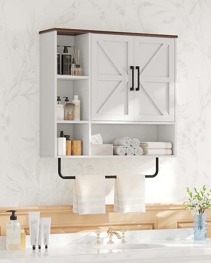 CHOEZON Bathroom Wall Cabinet, Medicine Cabinet Wall Mounted, Over Toilet Storage Cabinet, Wall Cabinet with Towel Bar, Open and Hidden Storage Space, for Bathroom Living Room Kitchen White and Walnut