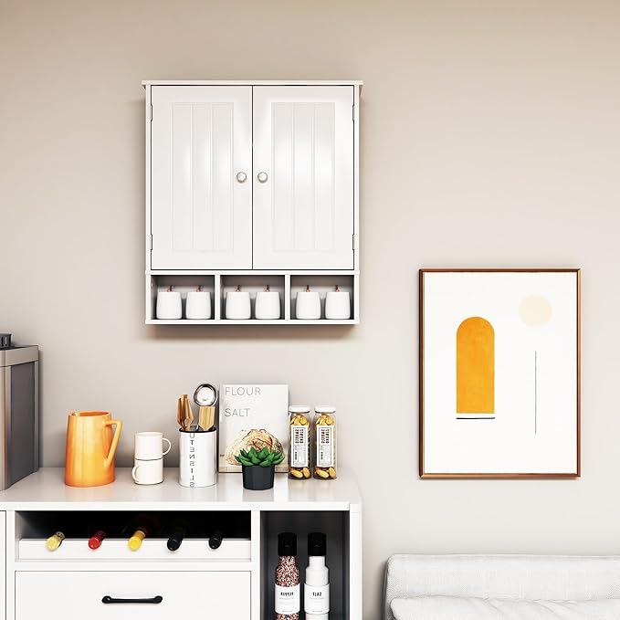 Bathroom Medicine Cabinet 2 Doors with 3 Open Shelves, Over The Toilet Storage Wall Mounted Medicine Cabinet with Adjustable Partitions，Home Cabinet for Bathroom,Living Room,Kitchen,White