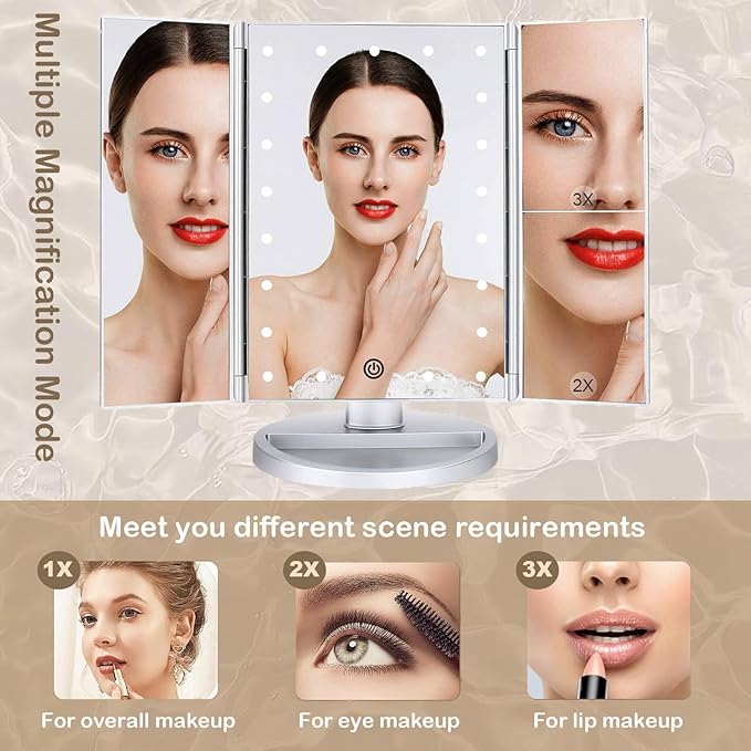 Flymiro Tri-fold Lighted Vanity Makeup Mirror with 3x/2x Magnification,Light up Mirror for Makeup,Touch Screen 21 LEDs,180° Rotation Countertop Cosmetic Mirror,Gifts for Women Mom Teen Girls