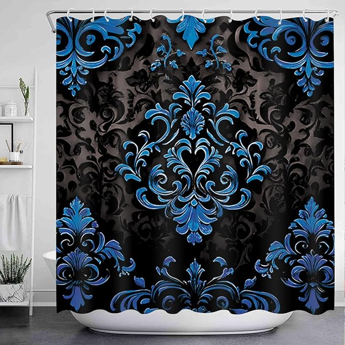 NBVKO 4Pcs Luxury Damascus Blue Flower Pattern Shower Curtain Set with 12 Hooks Non-Slip Rugs,Toilet Lid Cover and Bath Mat,Dark Gold Bathroom Decor for Hotel & Home Bathroom