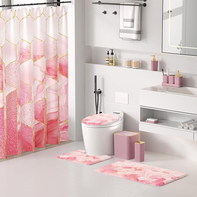 XLHOMO Bathroom Set - 26PC Bathroom Set with Shower Curtain and Rugs, Bathroom Accessory Set, Pink Bathroom Accessories Set, Trash Can & Soap Dispenser