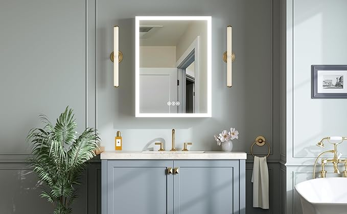 24x32 Inch Medicine Cabinet with Lights, AL Alloy Frame, Plug-in or Hardwired, Recessed or Wall Mount, Mirror Doors/3 Colors/Dimmable/Interior Sensor Light/Defog,2 Outlets &USBs,3 Shelves