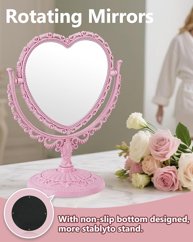 Heart Shaped Cute Vanity Princess Mirror for Desk,Double-Sided Rotatable Table with Stand Downtown Girl Room Coquette Decor (Pink)