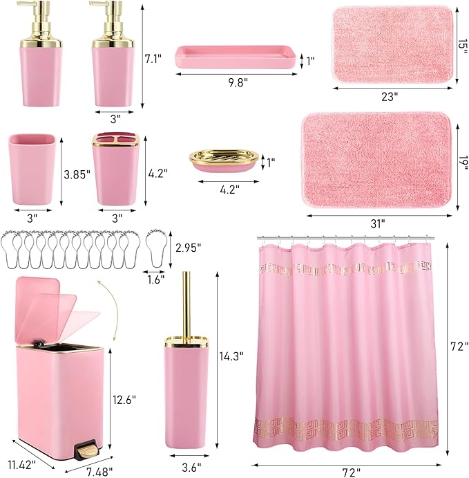 XLHOMO Bathroom Sets with Shower Curtain and Rugs Bathroom Accessories Set Pink Bathroom Set,Shower Curtain Set with Stainless Steel Trash Can
