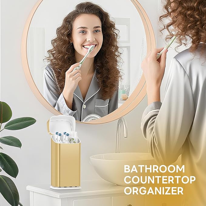 GFWARE Toothbrush Holders with Cover - Electric Toothbrush Length Less Than 9 inches, 5 Slots Tooth Brush Holder for Bathroom, Detachable Toothpaste Holder Bathroom Organizers with Drainage, Gold