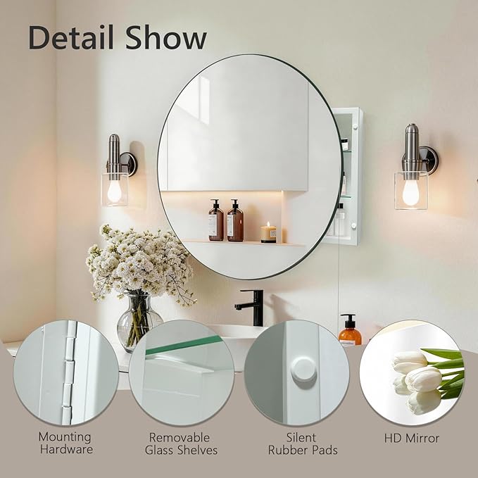 30 Inches Round Bathroom Medicine Cabinet, Frameless Circle Mirror Cabinet Wall Mounted Cabinet with Surface Mount Installation