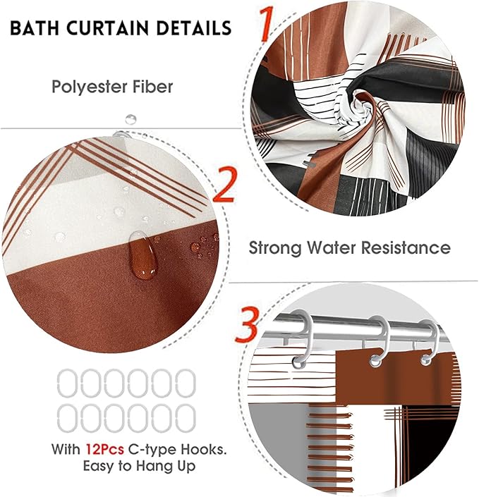 Shower Curtain Sets Brown Bathroom Sets with Shower Curtains and Rugs Modern Home Bathroom D??cor Accessories,Grey and White Shower Curtains Waterproof with Non-Slip Rugs Toilet Lid Cover and Bath Mat