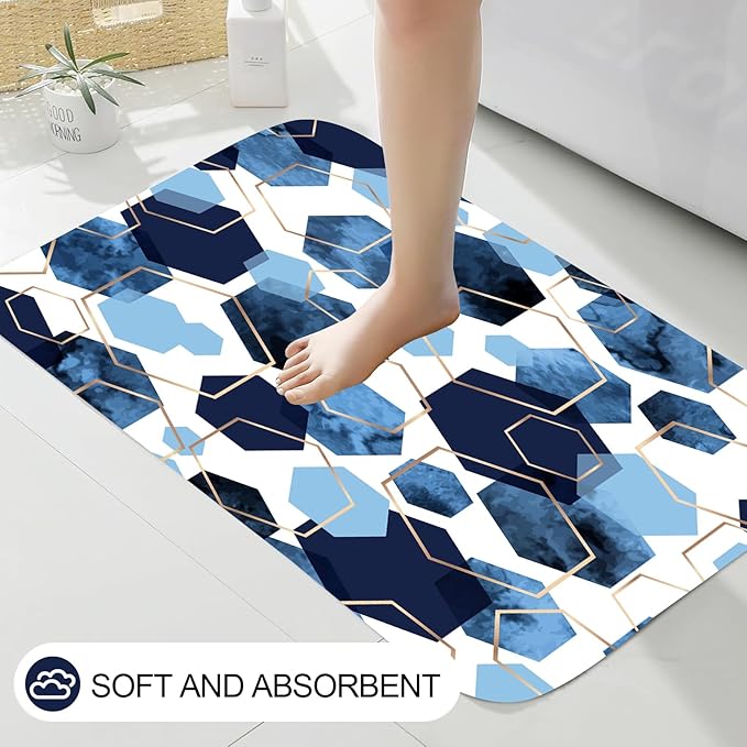 Muuyi 4Pcs Navy Blue Geometric Shower Curtain Set, Neutral Modern Art Deco Shower Curtain with Hooks, Elegant Trendy Simple Bathroom Sets with Shower Curtain and Rugs, 71 * 71in